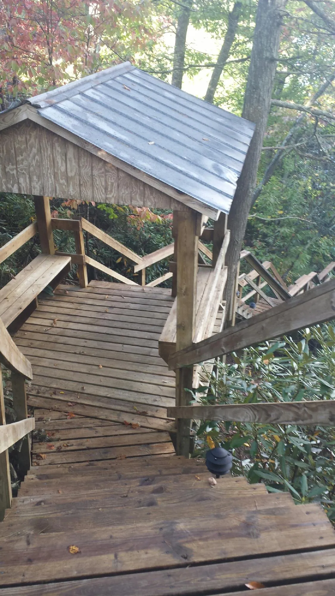 Metal roofed shelter over wooden steps on a wooded walkway — Skylight Repair & Installation work by our crew in Humansville